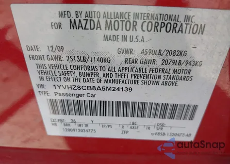 2010 Mazda Mazda6 S Grand Touring z USA, uszkodzony, nr VIN 1YVHZ8CB8A5M24139